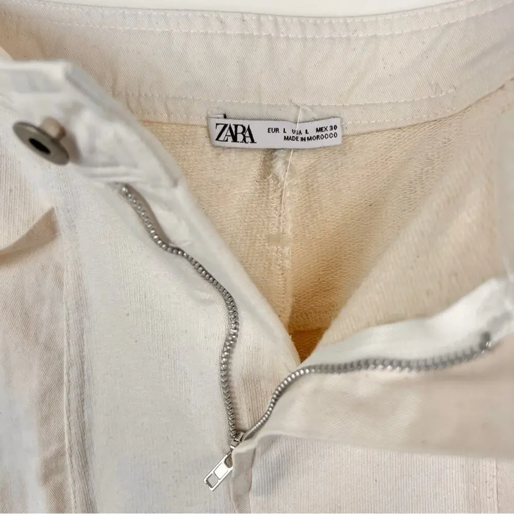 Zara Cream Moto Utility Pants L